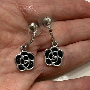 Silver-Tone Black Floral Drop Earrings - Women Jewelry